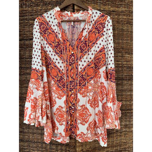 Free People Tunic Mini Dress Small Magic Mystery Boho Bell Sleeve Orange Blouse - Picture 2 of 11